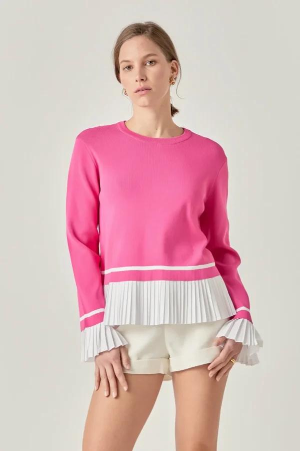 ENGLISH FACTORY Tops*- Mixed Media Pleated Knit Top PINK/WHITE