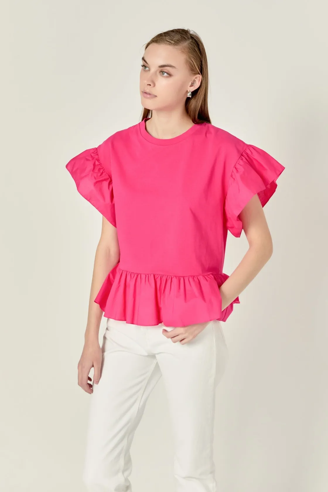 english_factory__mixed_me_3-23.webp ENGLISH FACTORY Tops*- Mixed Media Knit Top in Fuchsia