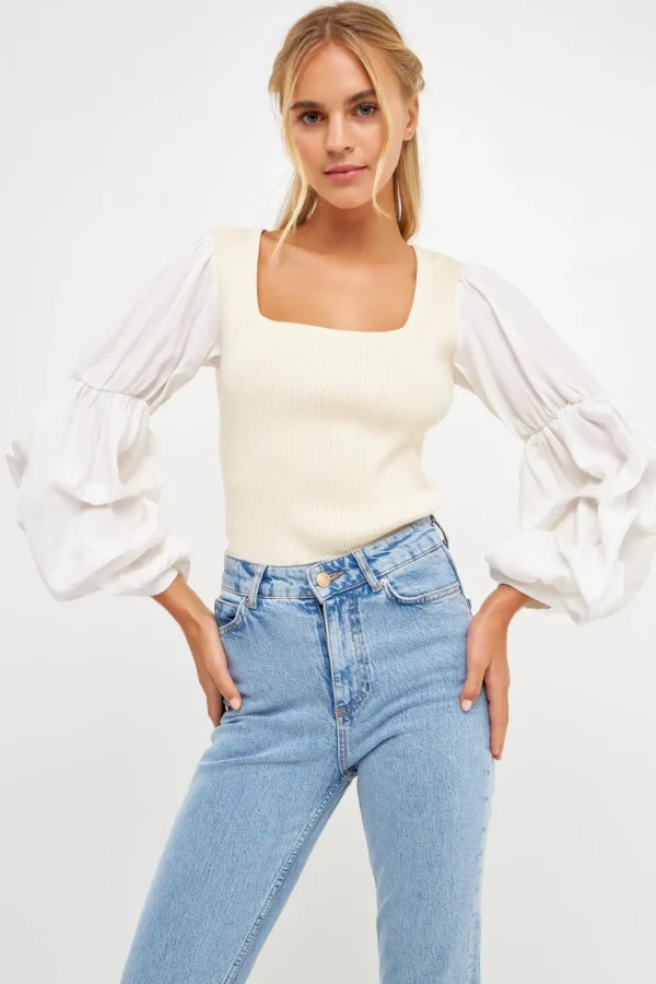 ENGLISH FACTORY Sweaters & Knits | Tops*- Mixed Media Square Neckline Knit Top BEIGE/WHITE