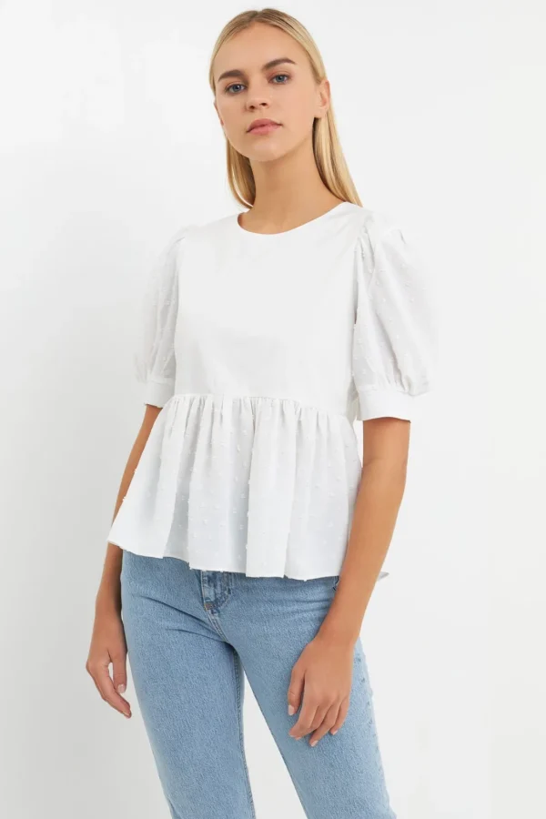 ENGLISH FACTORY Tops*- Mixed Media Swiss Dot High Low Top WHITE