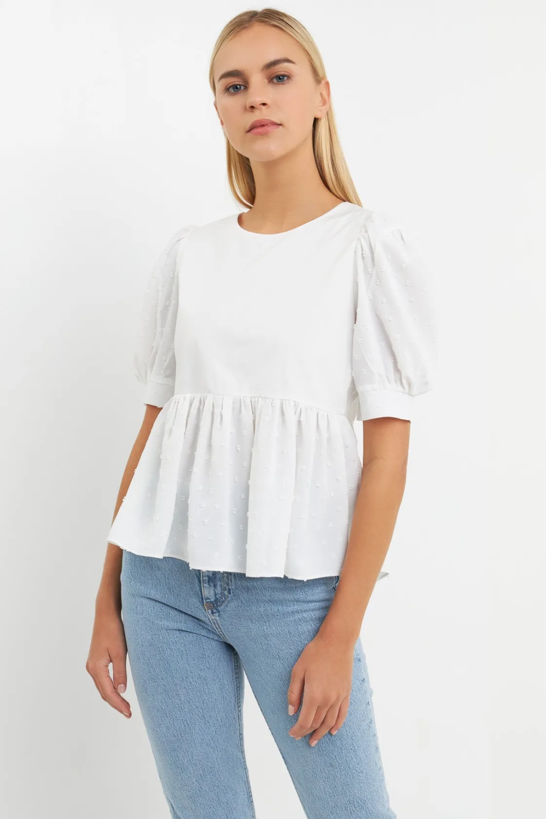 english_factory__mixed_me_3-3.webp ENGLISH FACTORY Tops*- Mixed Media Swiss Dot High Low Top WHITE
