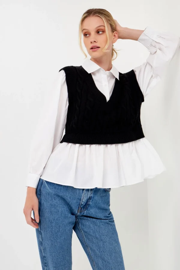 ENGLISH FACTORY Sweaters & Knits | Vest*- Mixed Media Sweater Vest Top BLACK/WHITE