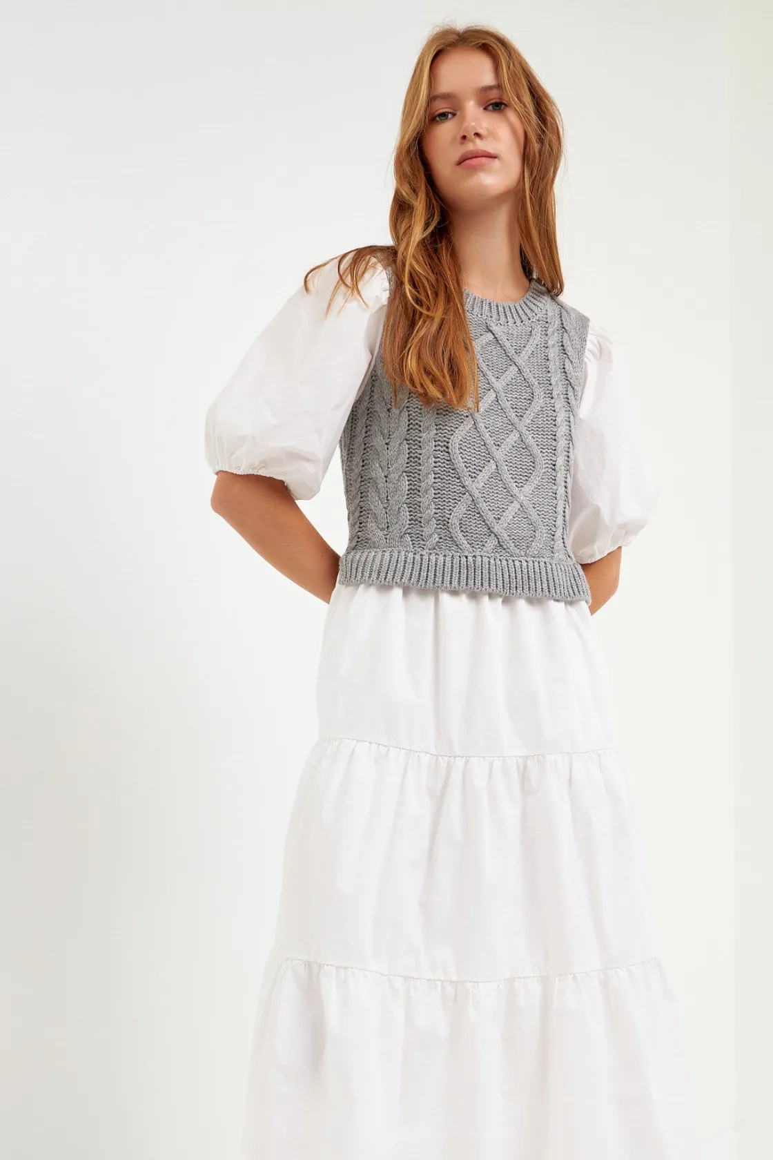 english_factory__mixed_me_3-33.webp ENGLISH FACTORY Sweaters & Knits*- Mixed Media Cable Knit Down Midi Dress