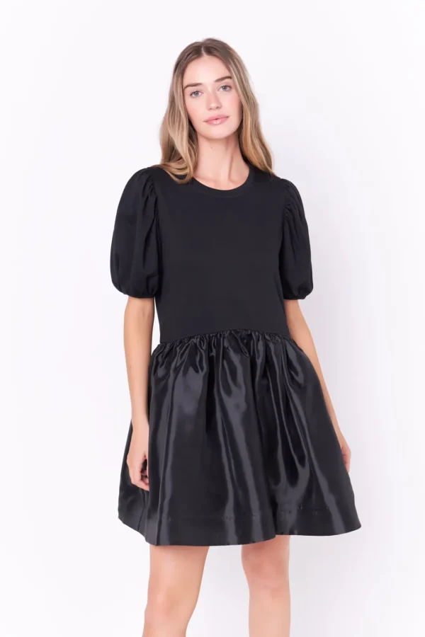 ENGLISH FACTORY Puff Sleeve | Tops*- Mixed Media Organza Mini Dress BLACK