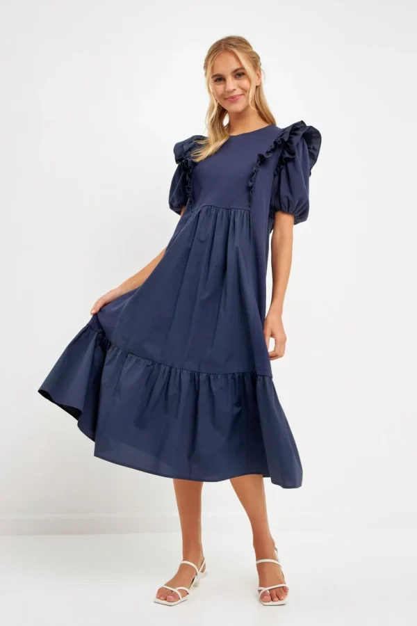 ENGLISH FACTORY Puff Sleeve*- Mixed Media Midi Dress NAVY