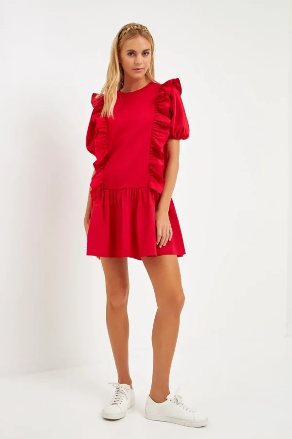 ENGLISH FACTORY Puff Sleeve | Tops*- Mixed Media Ruffle Detail Mini Dress