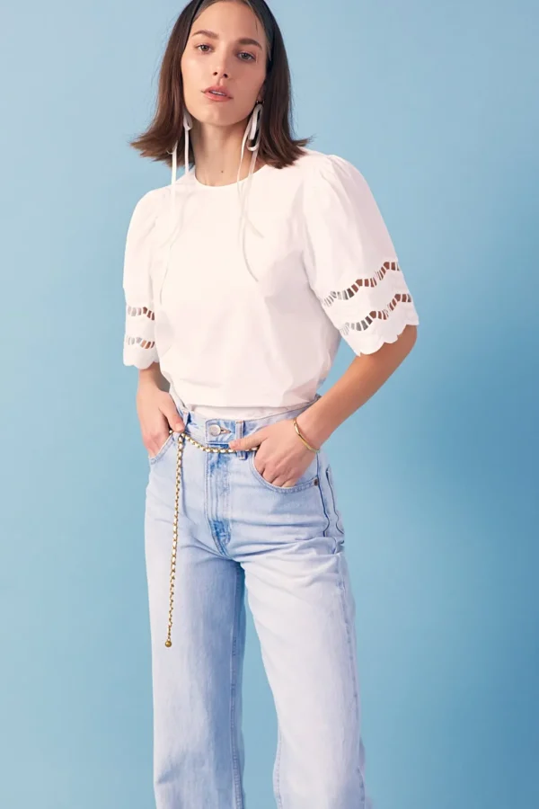 ENGLISH FACTORY Tops*- Mixed Media Lace Trim Knit Top