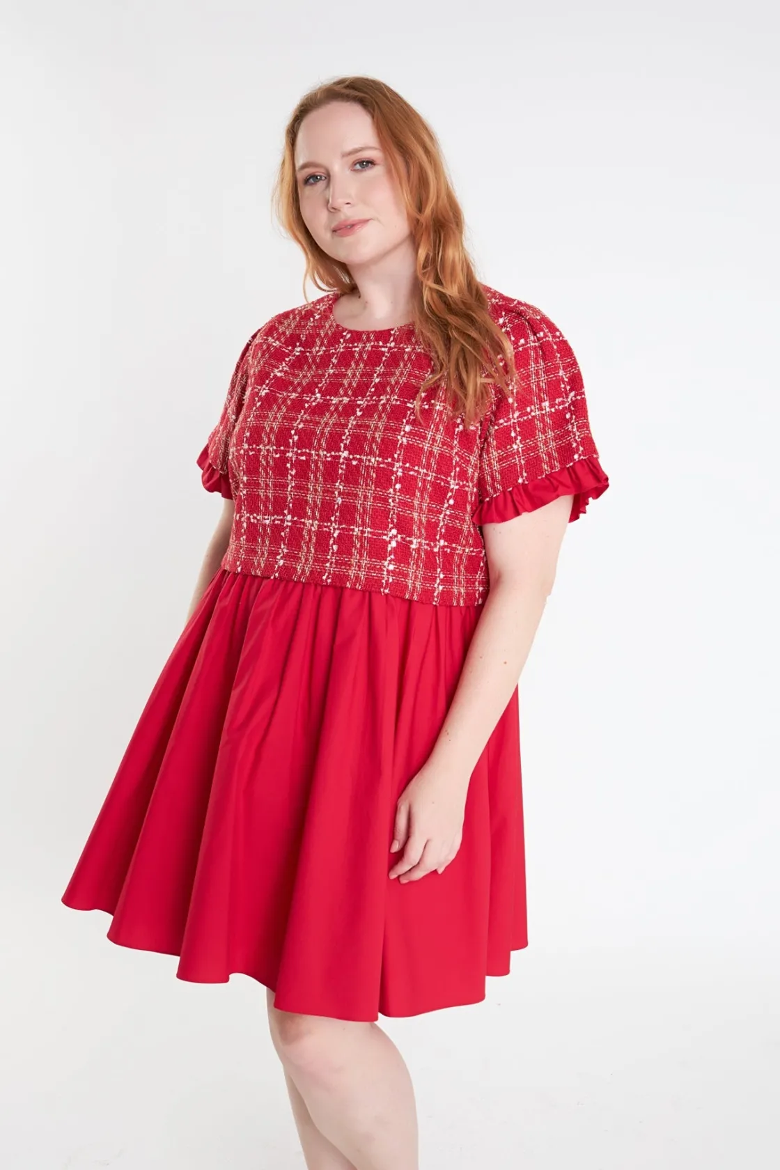 english_factory__mixed_me_3-41.webp ENGLISH FACTORY Tweed Dresses | Tops*- Mixed Media Tweed Poplin Mini Dress RED