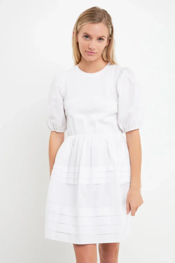 ENGLISH FACTORY White Dresses | Tops*- Mixed Media Pleats Mini Dress WHITE
