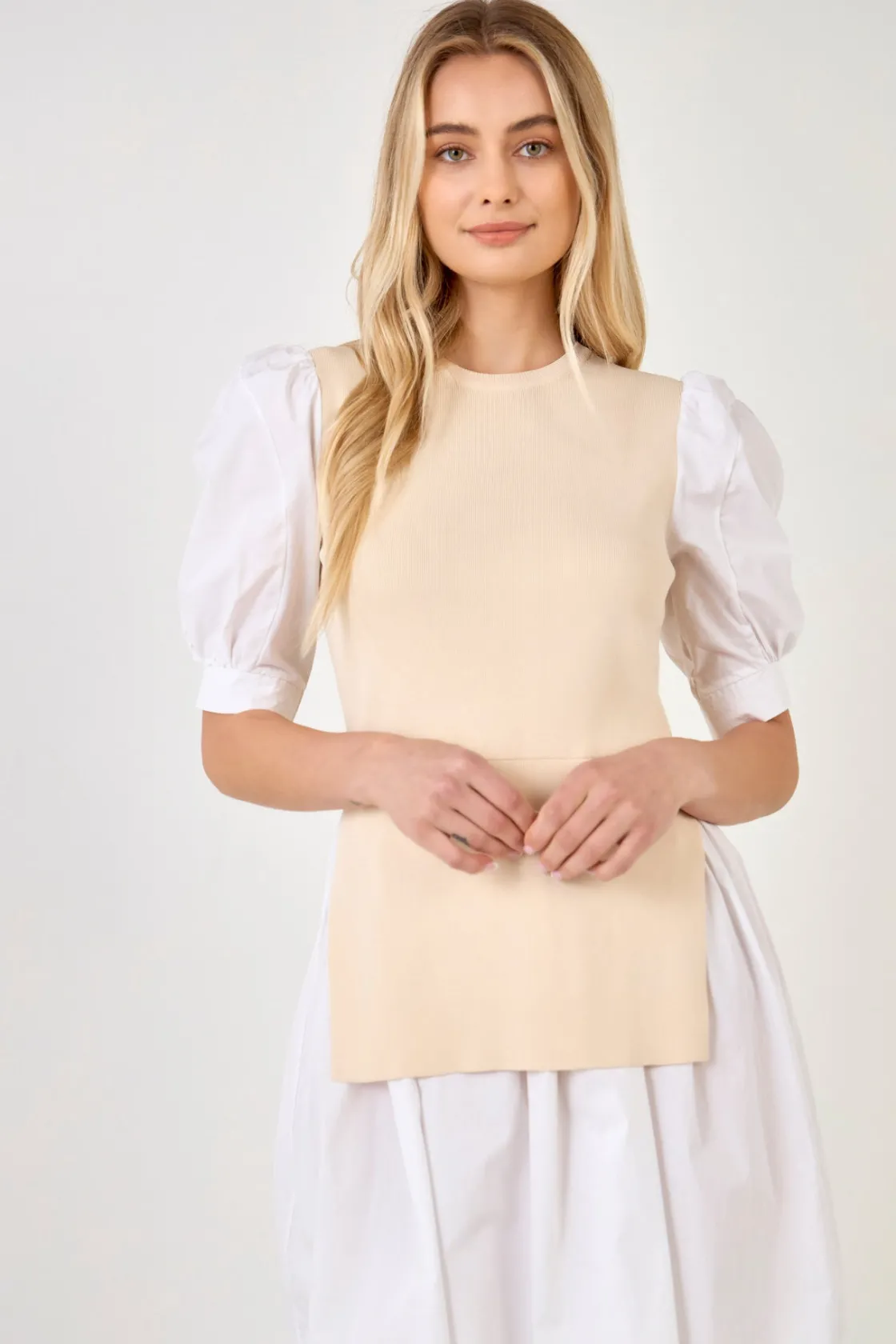 english_factory__mixed_me_3-45.webp ENGLISH FACTORY White Dresses | Puff Sleeve*- Mixed Media Puff Sleeve Mini Dress