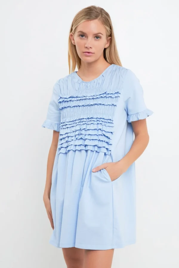 ENGLISH FACTORY Tops*- Mixed Media Ruffle Detail Dress POWDERBLUE
