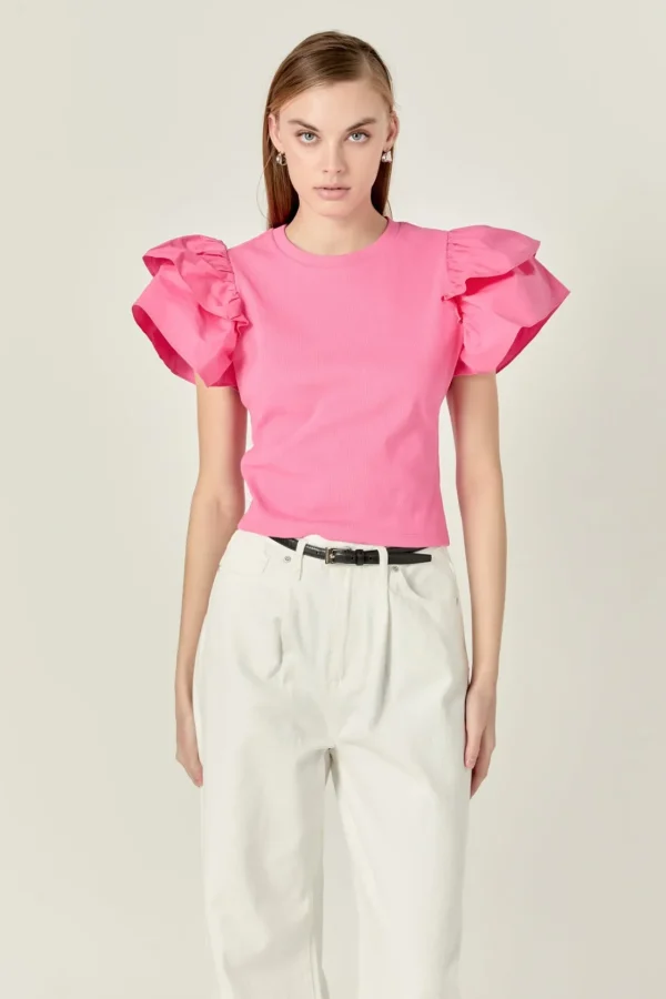 ENGLISH FACTORY Tops*- Mixed Media Ruffled Knit Top