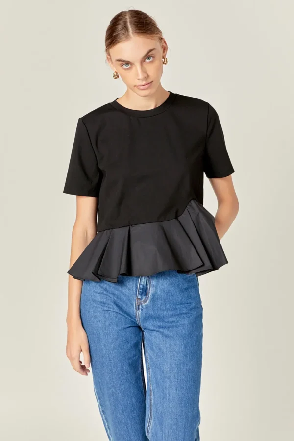 ENGLISH FACTORY Tops*- Mixed Media Ruffled Top BLACK