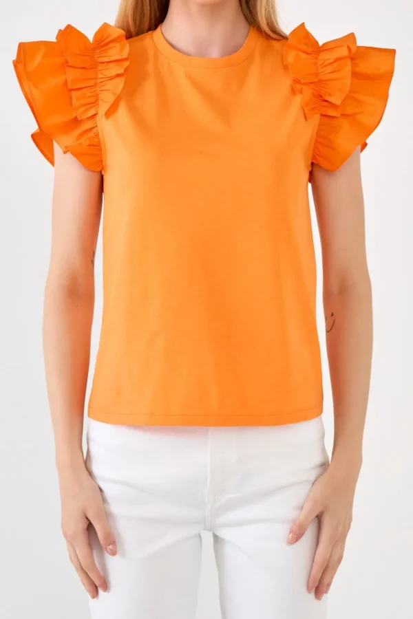 ENGLISH FACTORY Tops*- Mixed Media Ruffle Detail T-shirt