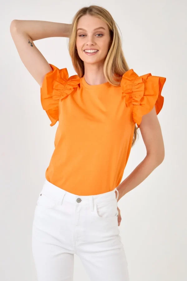 ENGLISH FACTORY Tops*- Mixed Media Ruffle Detail T-shirt