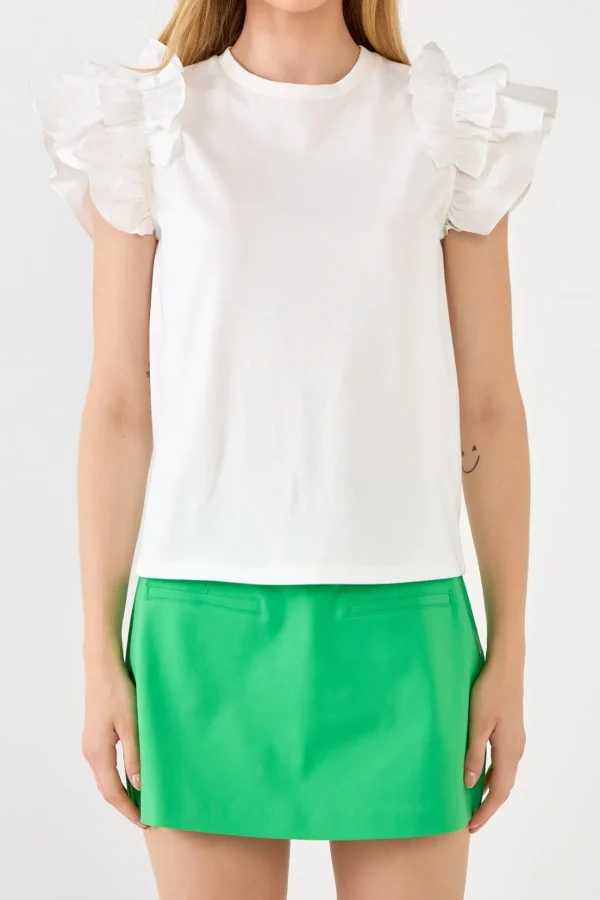 ENGLISH FACTORY Tops*- Mixed Media Ruffle Detail T-shirt
