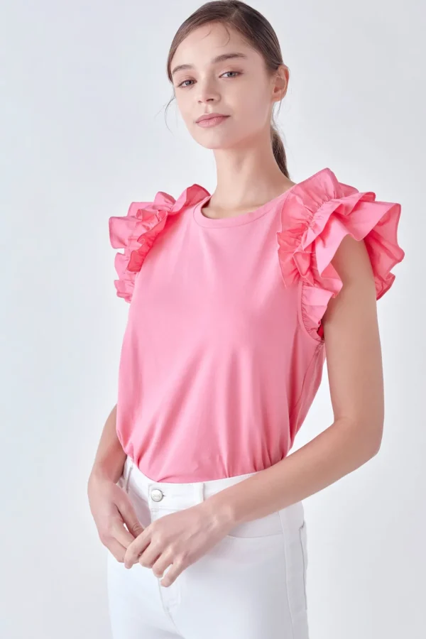 ENGLISH FACTORY Tops*- Mixed Media Ruffle Detail T-shirt