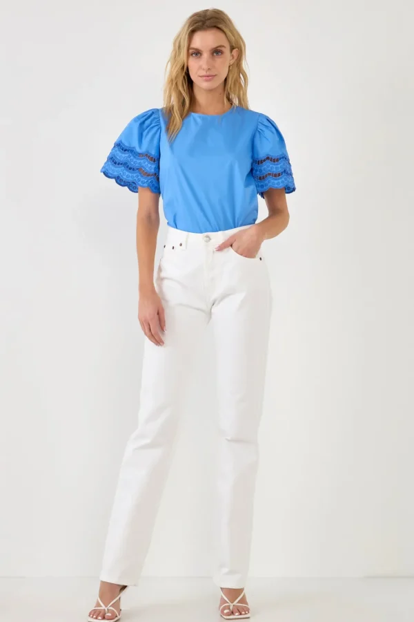ENGLISH FACTORY Tops*- Mixed Media Lace Trim Knit Top
