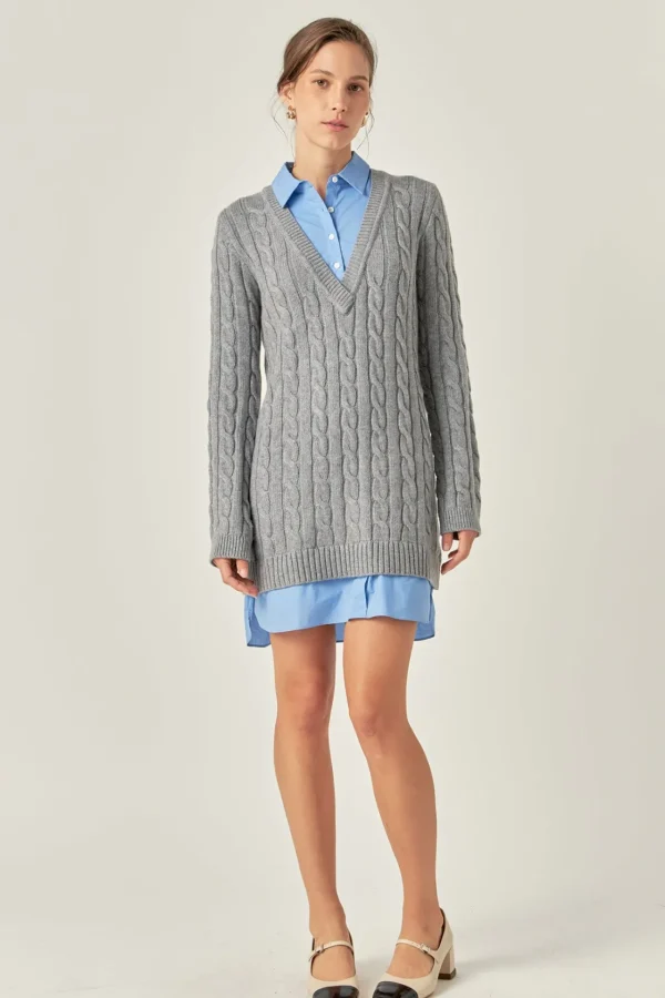 ENGLISH FACTORY Sweaters & Knits | Tops*- Mixed Media Cable Knit V-Neck Drop Sweater Dress