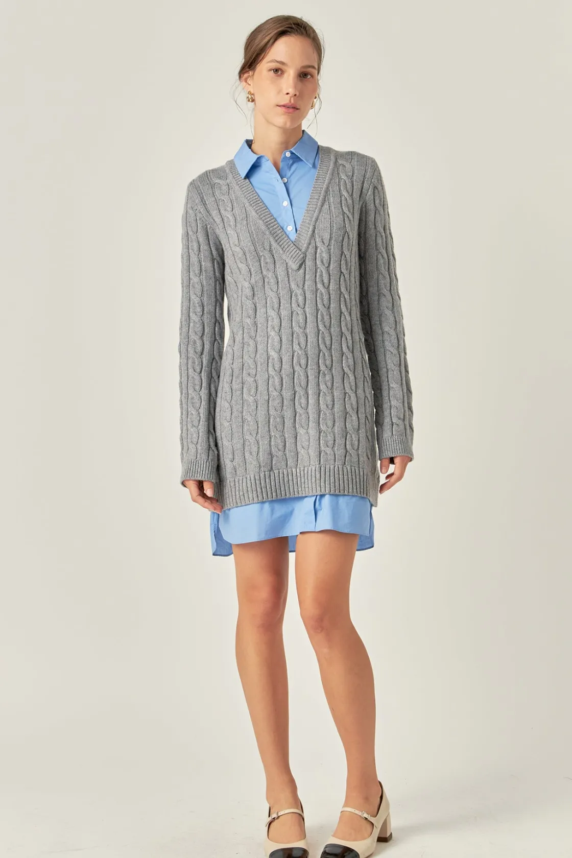 english_factory__mixed_me_4-14.webp ENGLISH FACTORY Sweaters & Knits | Tops*- Mixed Media Cable Knit V-Neck Drop Sweater Dress