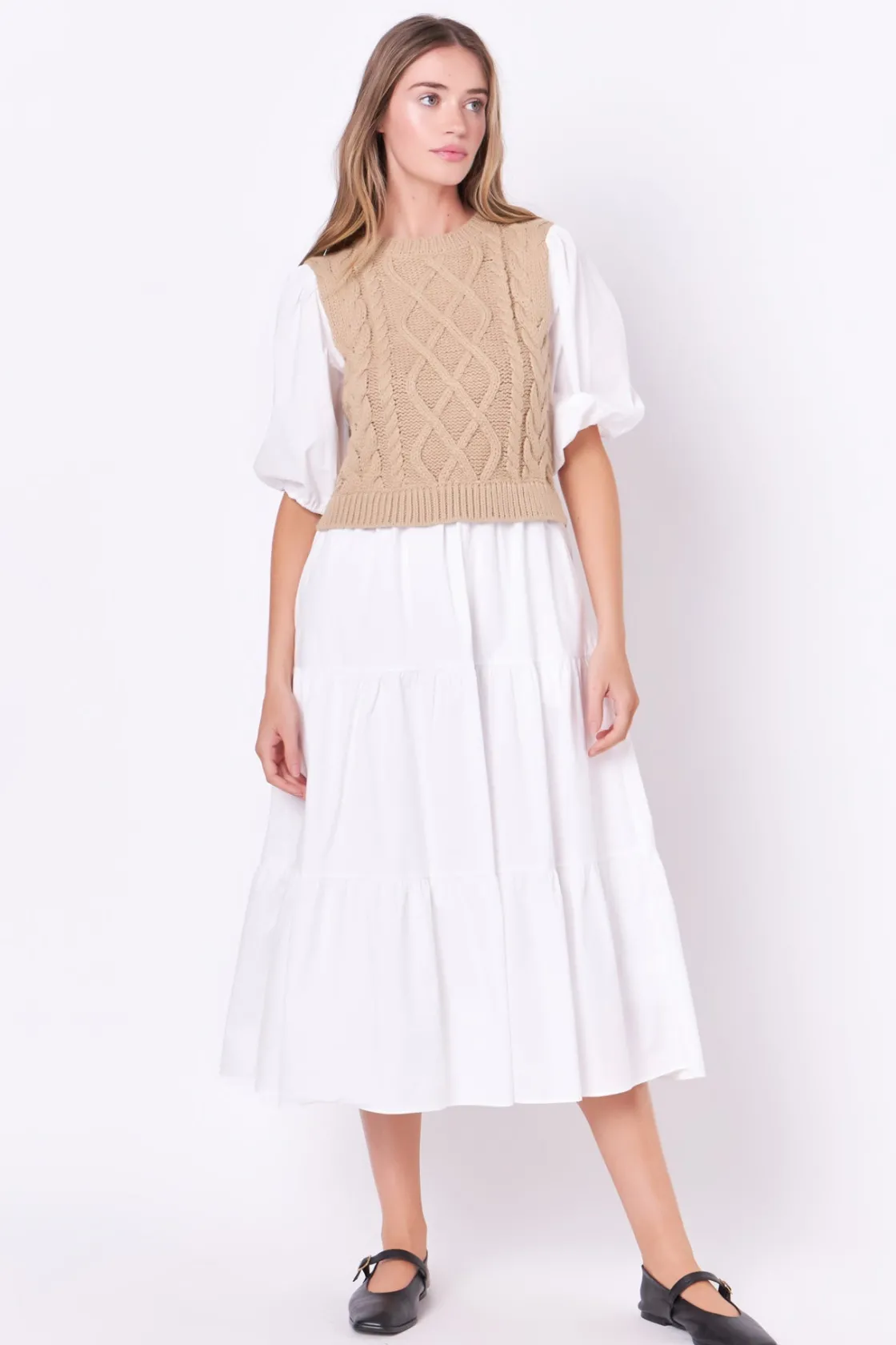 english_factory__mixed_me_4-17.webp ENGLISH FACTORY Sweaters & Knits*- Mixed Media Cable Knit Down Midi Dress