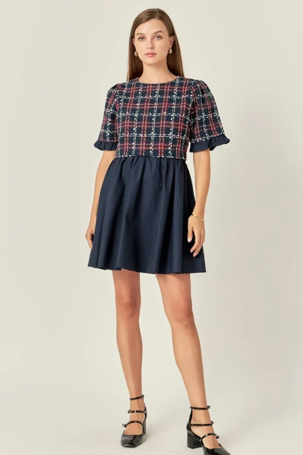 ENGLISH FACTORY Tweed Dresses | Tops*- Mixed Media Tweed Mini Dress