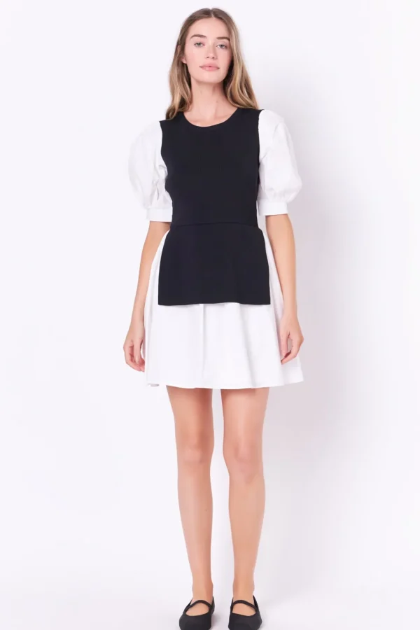 ENGLISH FACTORY White Dresses | Puff Sleeve*- Mixed Media Puff Sleeve Mini Dress