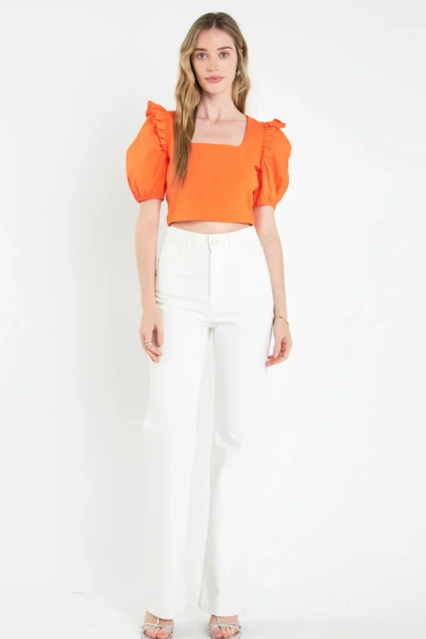 ENGLISH FACTORY Tops*- Mixed Media Puff Sleeve Knit Top