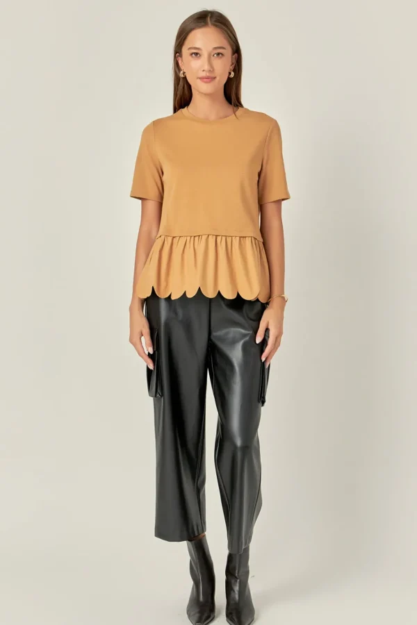 ENGLISH FACTORY Tops*- Mixed Media Scallop Detail T-shirt