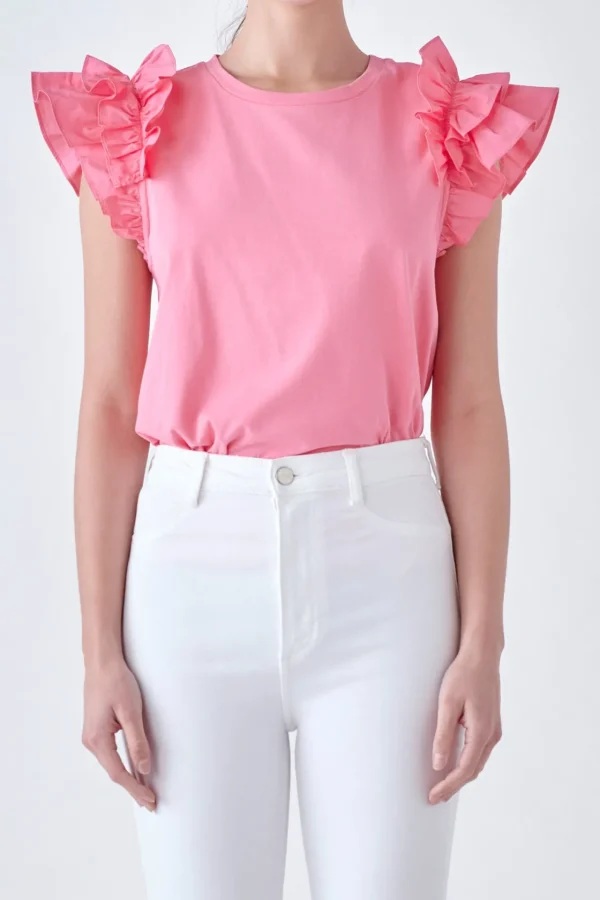 ENGLISH FACTORY Tops*- Mixed Media Ruffle Detail T-shirt