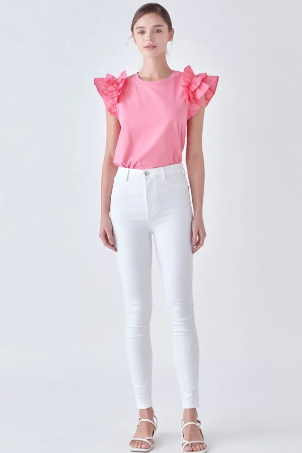ENGLISH FACTORY Tops*- Mixed Media Ruffle Detail T-shirt