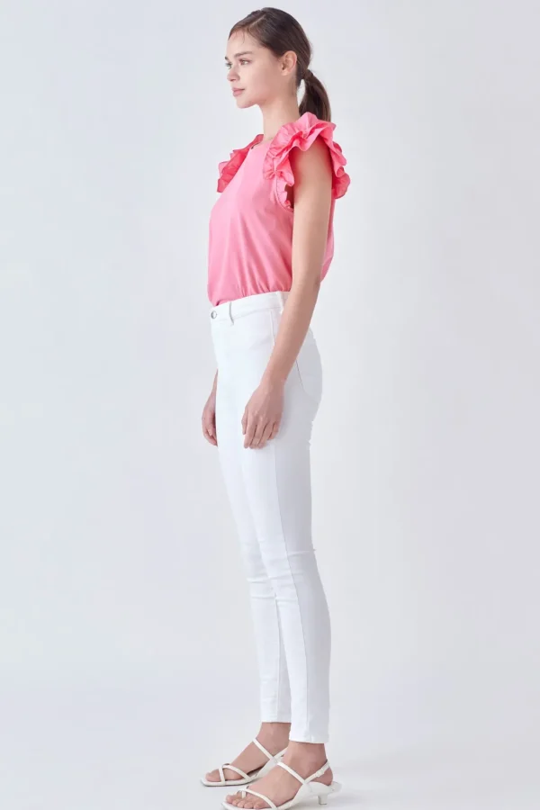 ENGLISH FACTORY Tops*- Mixed Media Ruffle Detail T-shirt