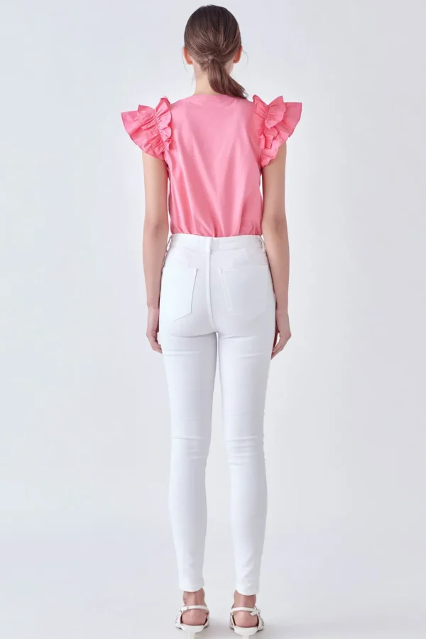 ENGLISH FACTORY Tops*- Mixed Media Ruffle Detail T-shirt