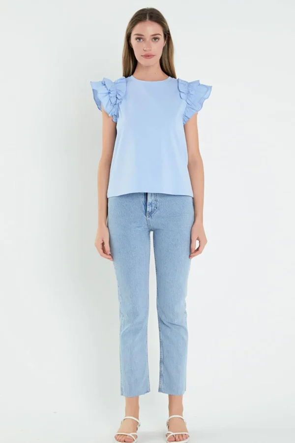 ENGLISH FACTORY Tops*- Mixed Media Ruffle Detail T-shirt