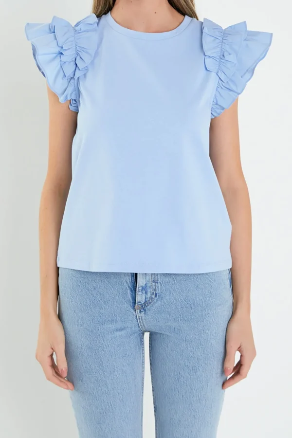 ENGLISH FACTORY Tops*- Mixed Media Ruffle Detail T-shirt