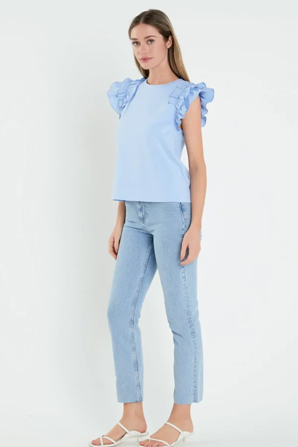 ENGLISH FACTORY Tops*- Mixed Media Ruffle Detail T-shirt