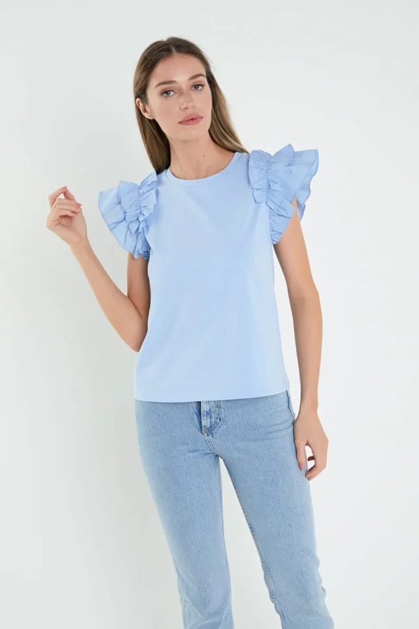ENGLISH FACTORY Tops*- Mixed Media Ruffle Detail T-shirt