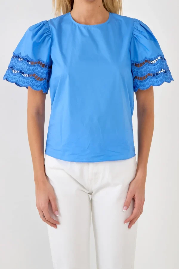 ENGLISH FACTORY Tops*- Mixed Media Lace Trim Knit Top