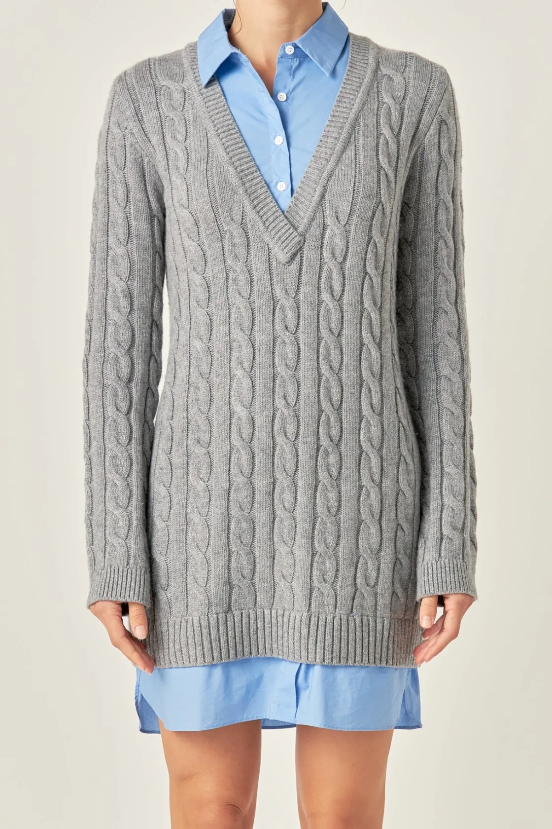 english_factory__mixed_me_5-13.webp ENGLISH FACTORY Sweaters & Knits | Tops*- Mixed Media Cable Knit V-Neck Drop Sweater Dress