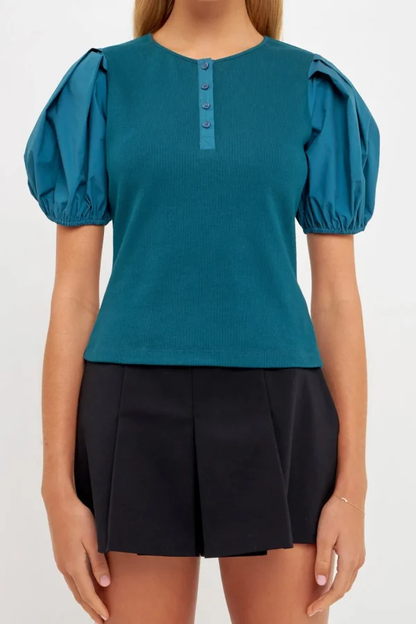 ENGLISH FACTORY Sweaters & Knits*- Mixed Media Puff Sleeve Henley Top