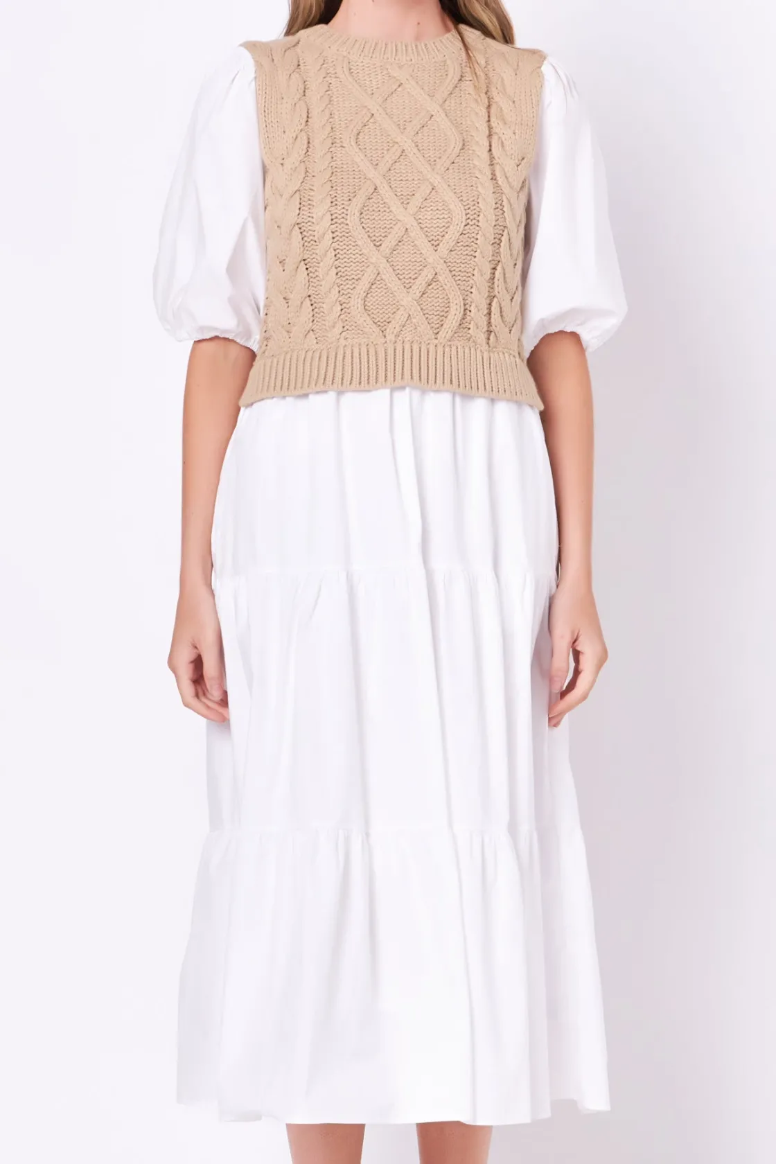 english_factory__mixed_me_5-16.webp ENGLISH FACTORY Sweaters & Knits*- Mixed Media Cable Knit Down Midi Dress
