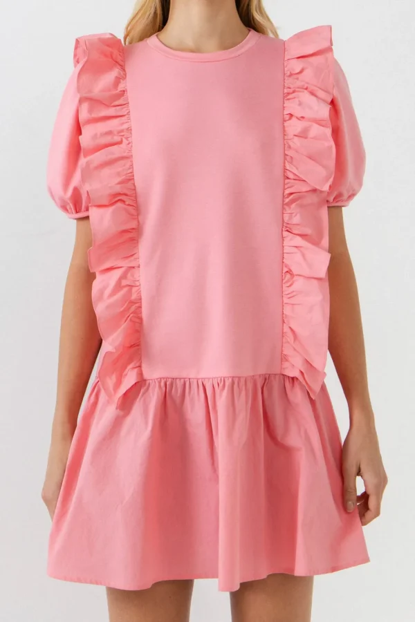 ENGLISH FACTORY Puff Sleeve | Tops*- Mixed Media Ruffle Detail Mini Dress