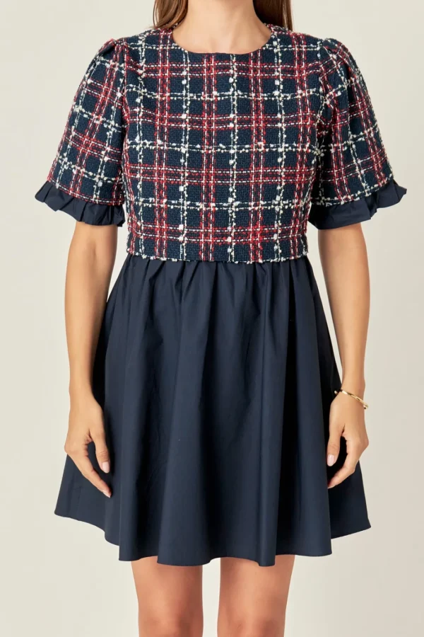 ENGLISH FACTORY Tweed Dresses | Tops*- Mixed Media Tweed Mini Dress