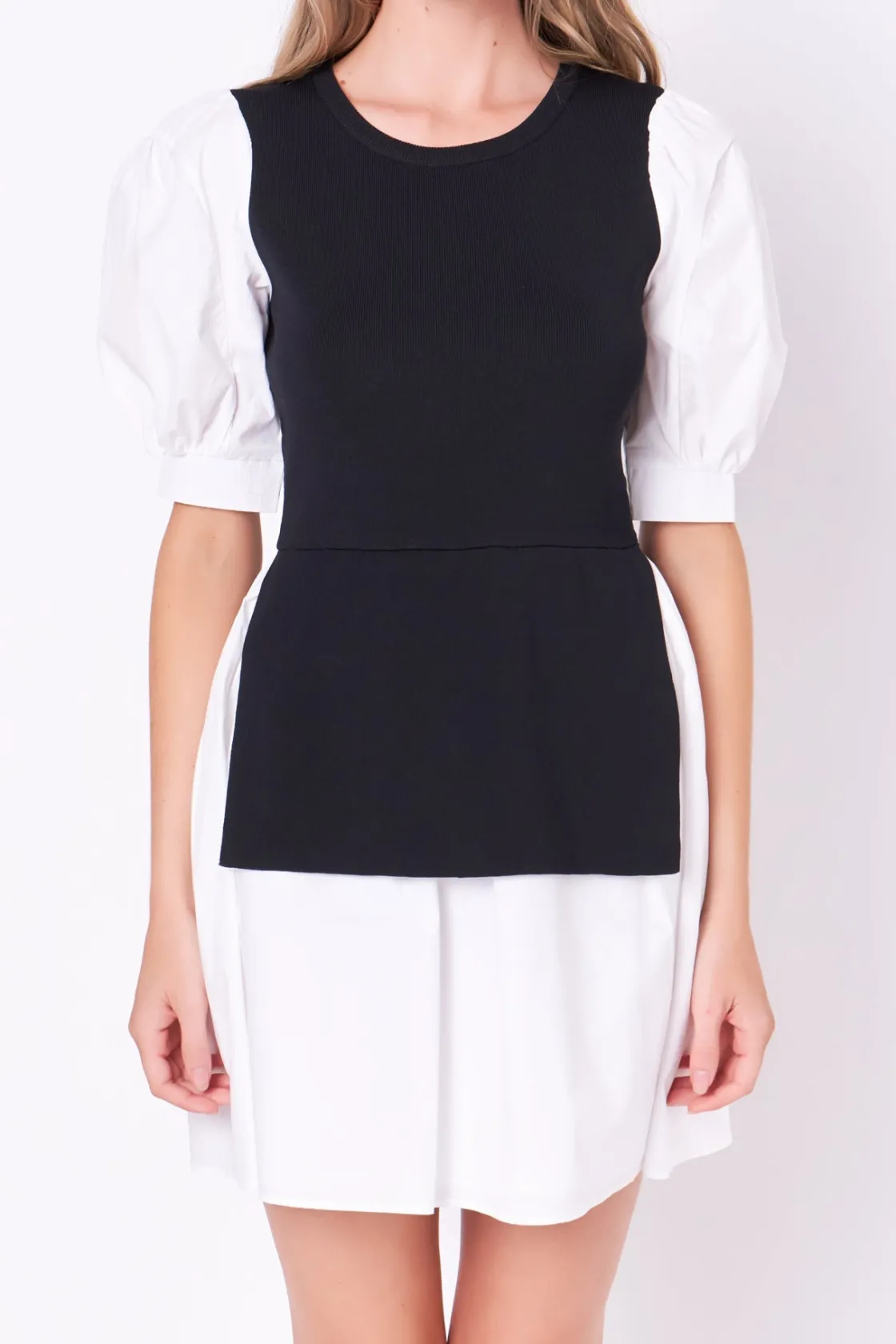 english_factory__mixed_me_5-22.webp ENGLISH FACTORY White Dresses | Puff Sleeve*- Mixed Media Puff Sleeve Mini Dress
