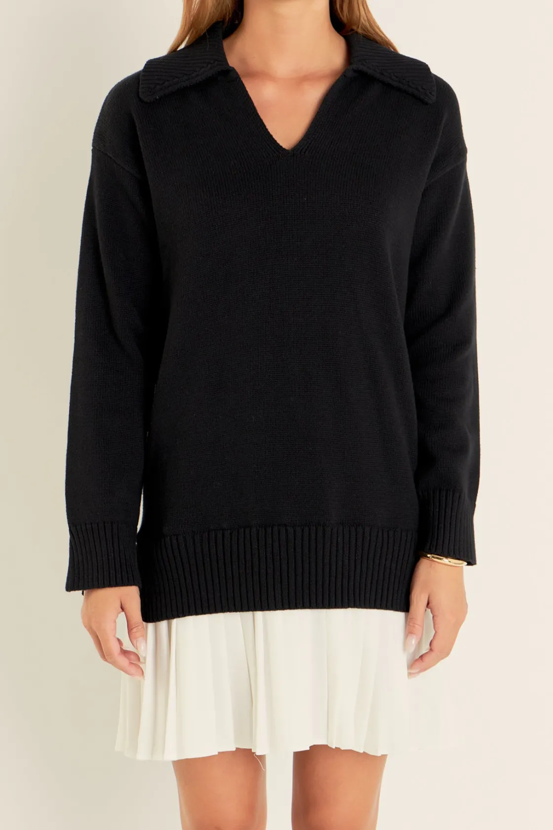 english_factory__mixed_me_5-25.webp ENGLISH FACTORY Knit Dresses | Sweaters & Knits*- Mixed Media Pleated Mini Dress