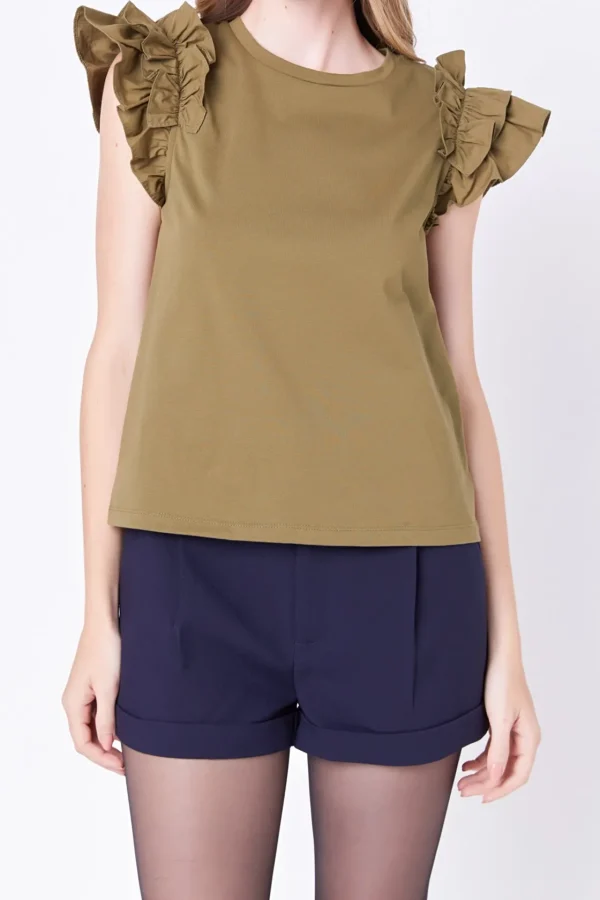ENGLISH FACTORY Tops*- Mixed Media Ruffle Detail T-shirt