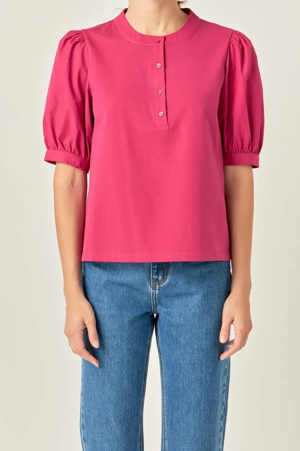 ENGLISH FACTORY Tops*- Mixed Media Puff Sleeve Top
