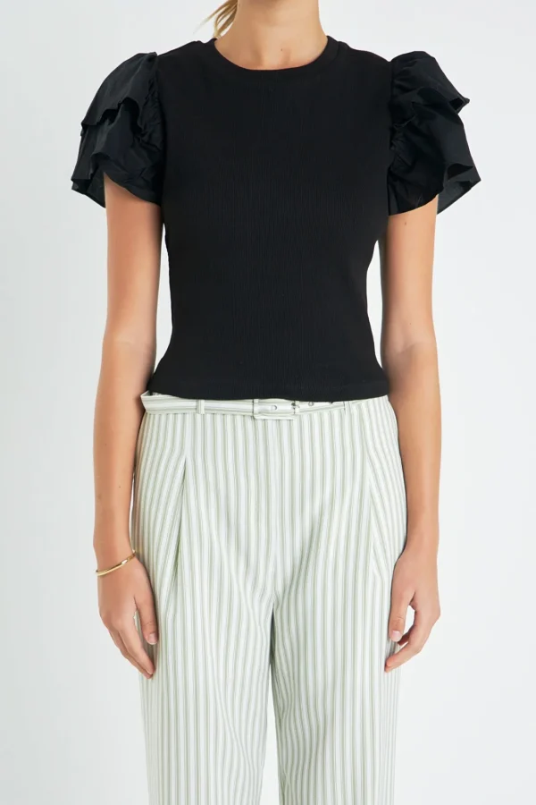 ENGLISH FACTORY Tops*- Mixed Media Ruffled Knit Top