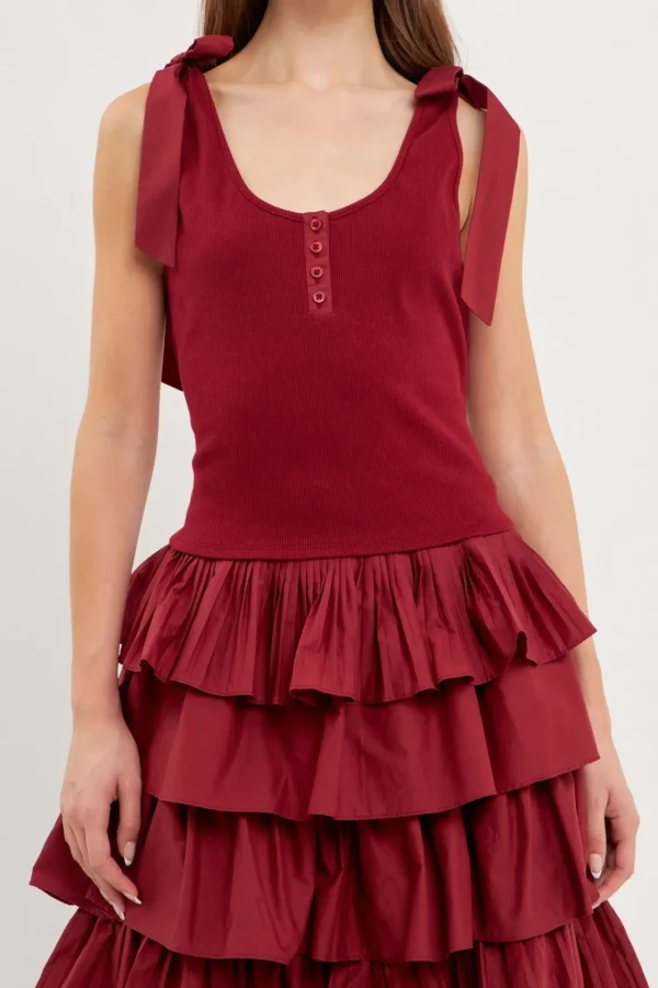 ENGLISH FACTORY Tops*- Mixed Media Bow Tie Ribbed Henley Tank