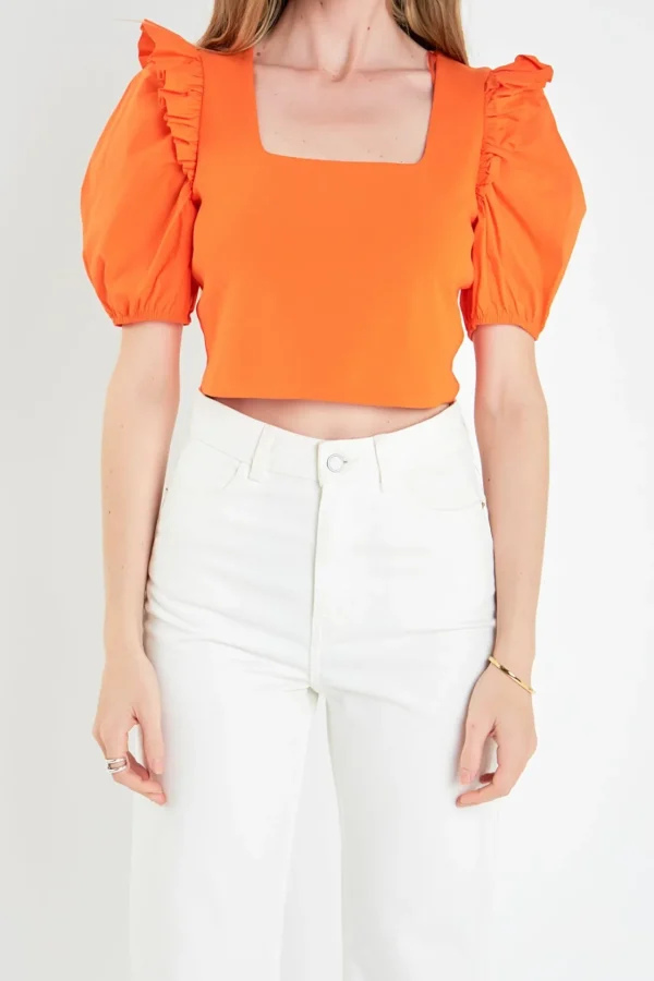 ENGLISH FACTORY Tops*- Mixed Media Puff Sleeve Knit Top